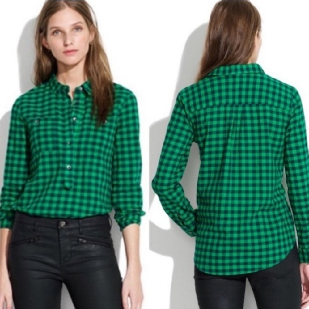 MADEWELL Green Mini Check Market Popover Blouse